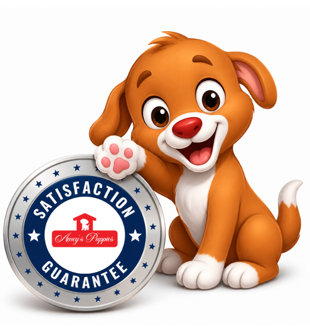 Ameys Puppies Satisfaction Guarantee for Puppies Ameys Puppies satisfaction guarantee badge with a cute brown puppy, representing the puppy health and refund guarantee policy.