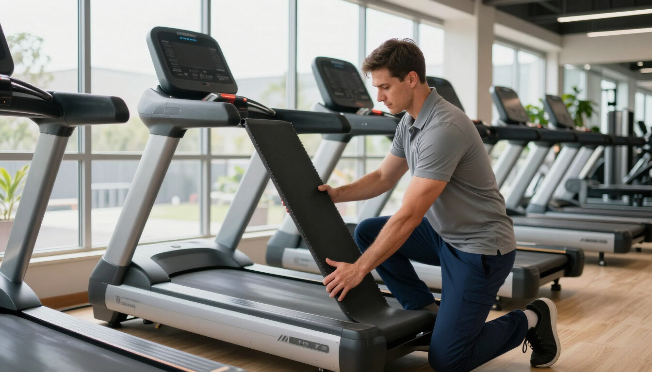 Technicien intervenant sur un tapis de course professionnel dans une salle de sport moderne