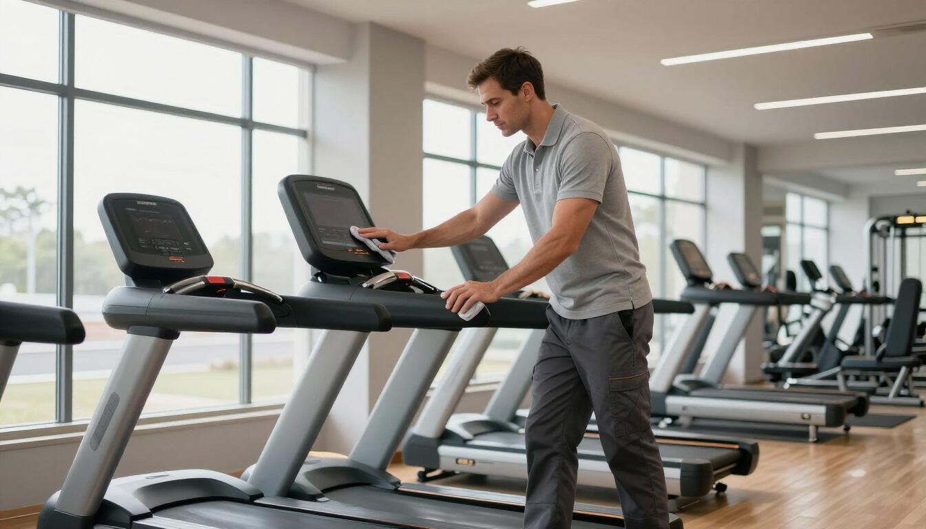Technicien nettoyant un tapis de course professionnel