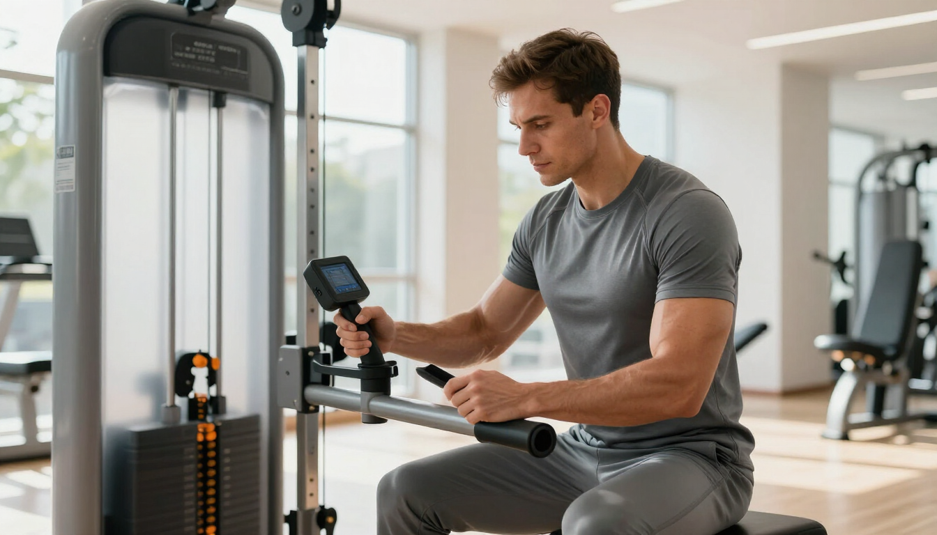 Technicien examinant une machine de musculation avec outils de diagnostic