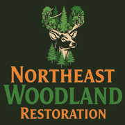Logo for Northeast Woodland Restoration featuring a deer head silhouette with evergreen tree antlers against a dark background.