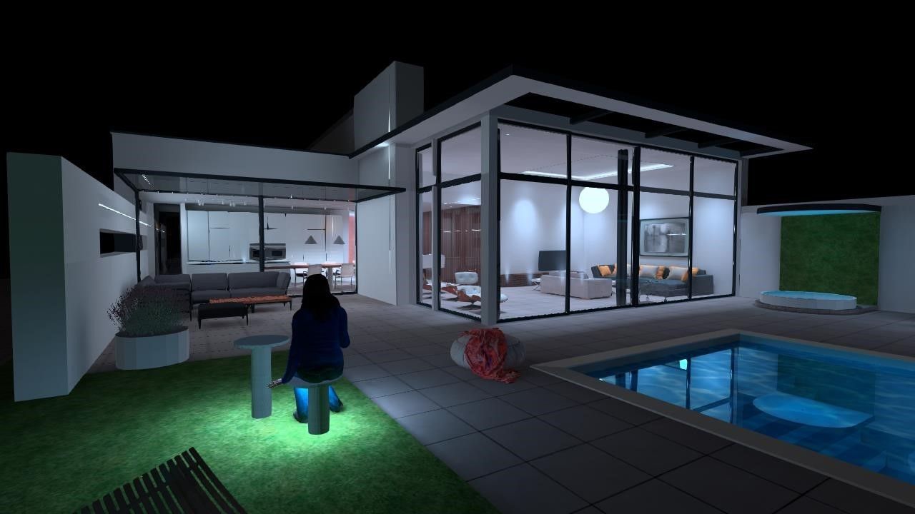 Moderne Terrasse mit nachts beleuchtetem Pool und einer Person, die in der Nähe des Gartens steht.