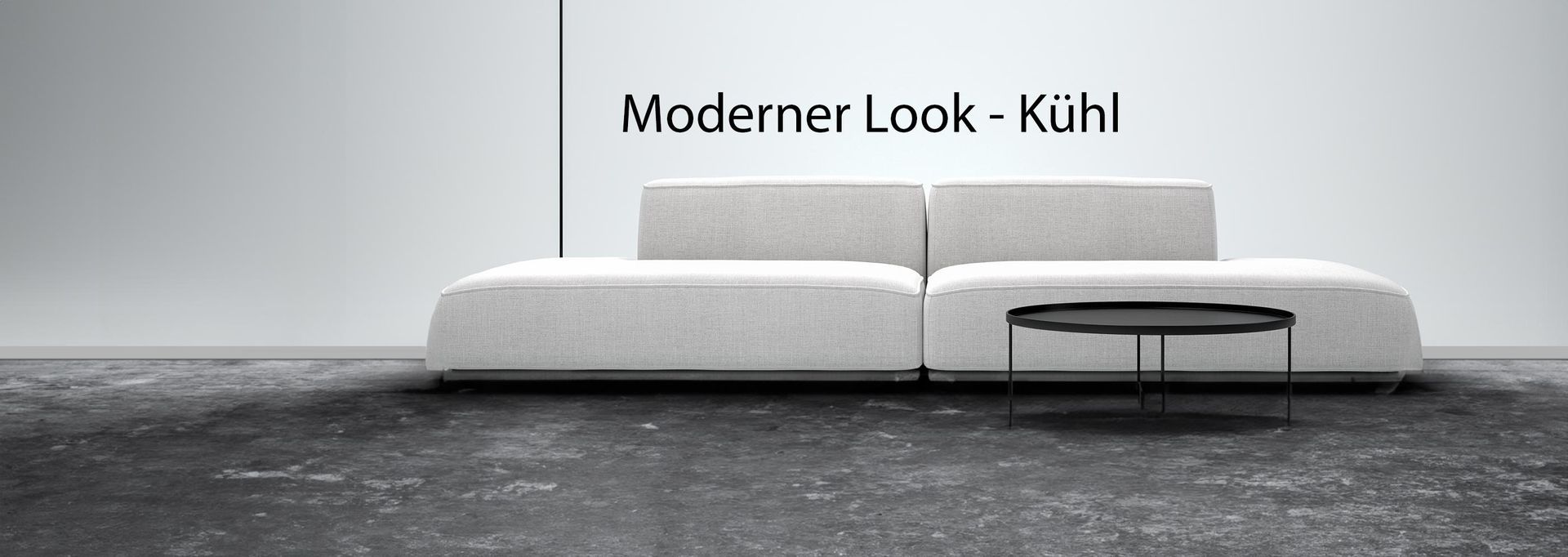 Kühle, minimalistische Wohnzimmer-Lichtplanung mit gleichmäßigem, diffusem Grundlicht.