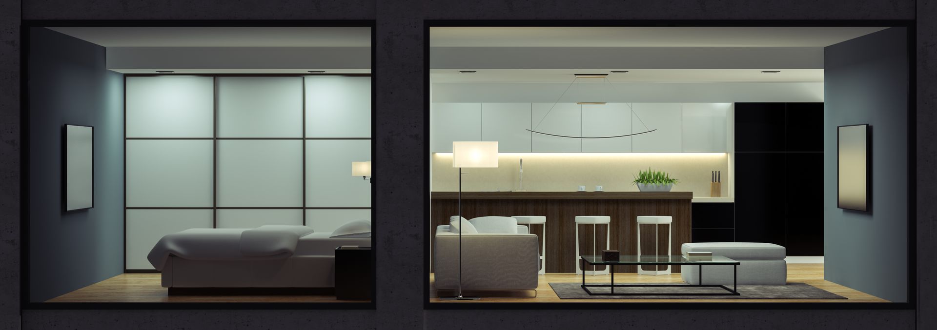 Moderne Wohnungsbeleuchtung: Blick durchs Fenster auf die stilvolle Lichtinszenierung von Küche und Schlafzimmer.