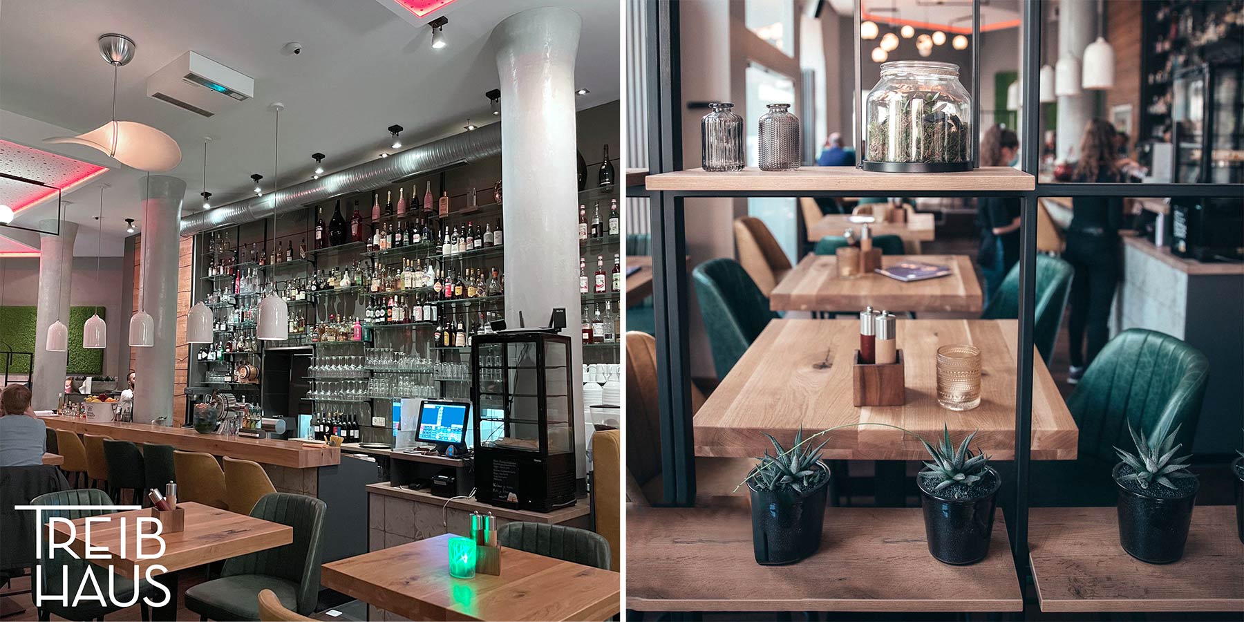 Gastronomie-Lichtplanung mit abgehängten Pendelleuchten und Akzentlicht im Barbereich.