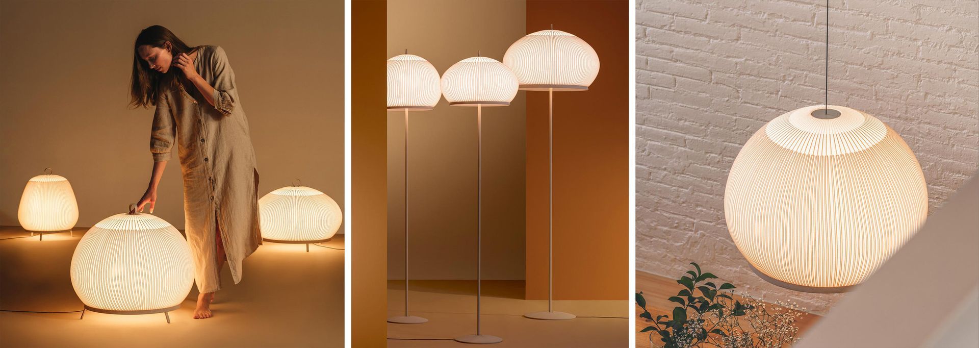 Minimalistische Vibia Knit Designerleuchten spenden ein warmes, weich gestreutes Licht im Raum.