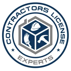 Circular logo for Contractors License Experts featuring a house icon containing a hard hat, paintbrush, and hammer.