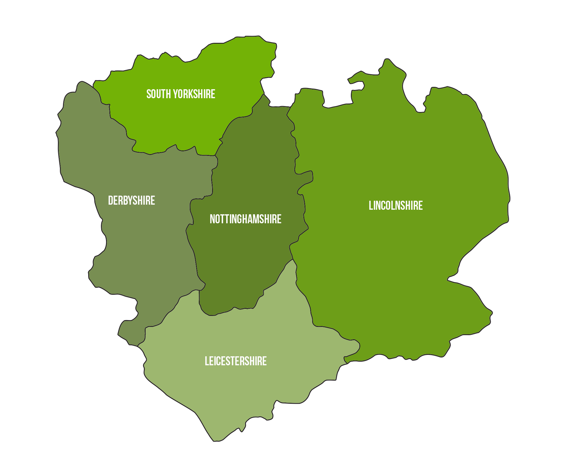 A map showing the English counties of South Yorkshire, Derbyshire, Nottinghamshire, Leicestershire, and Lincolnshire.