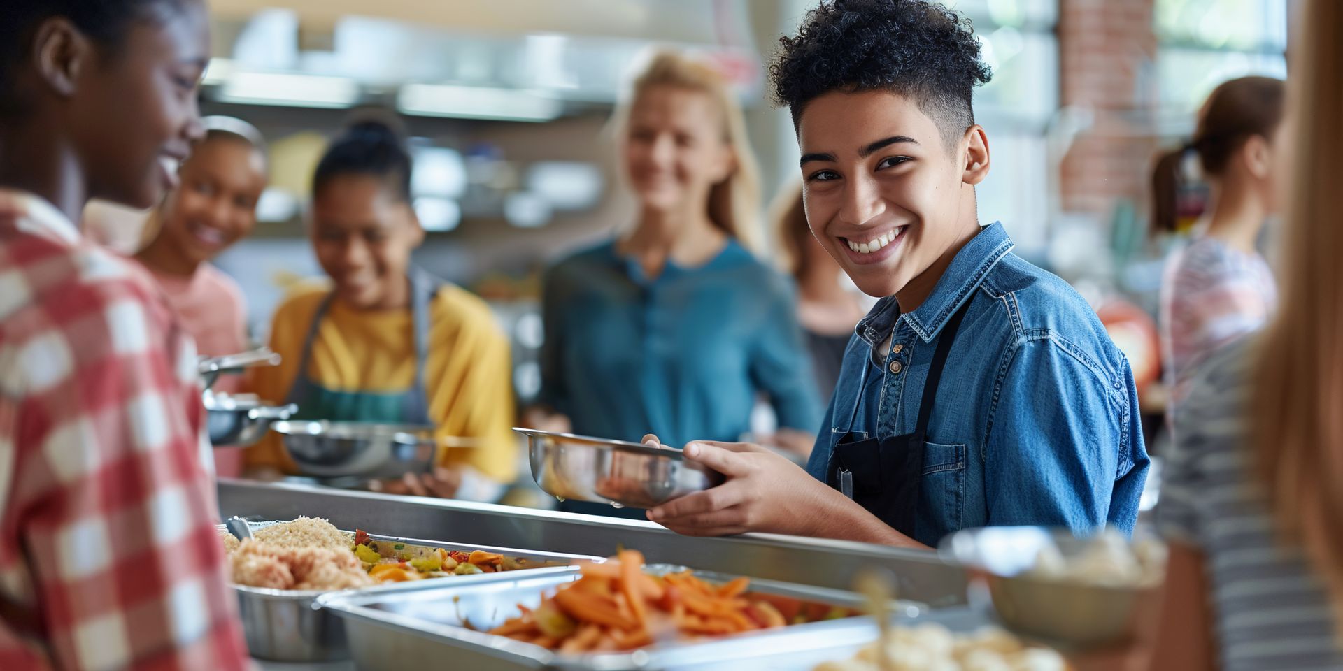 A smiling server hands a tray of food across a cafeteria counter, with others working in the background.