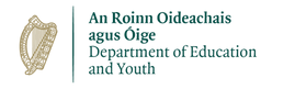 Logo of the Department of Education and Youth, Ireland. Features a golden harp and text in Gaelic and English.