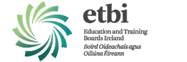 Etbi logo with spiral design and text: Education and Training Boards Ireland, and its Irish translation.