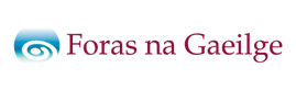 Logo of Foras na Gaeilge: text in dark red next to a light blue swirl design.