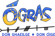 Logo for Ógras with blue and yellow lettering and a line of markings below that says