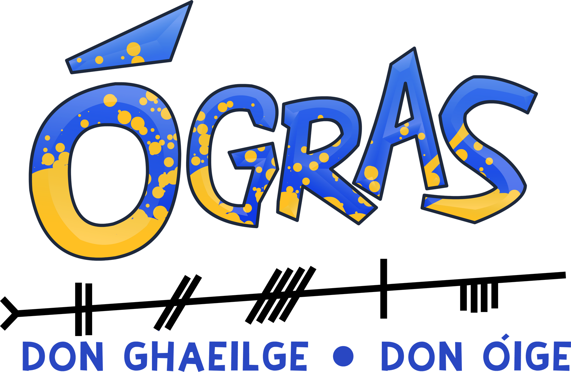 Logo for Ógras with blue and yellow lettering and a line of markings below that says 