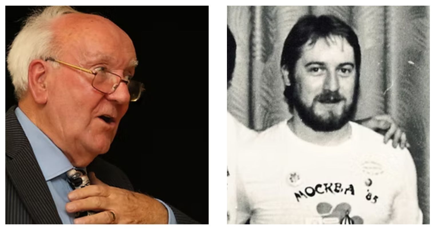 Two photos: older man in suit adjusting tie, younger man in t-shirt with