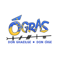 Ógras logo with blue-and-yellow stylized text, black musical staff, and “DON GHAEILGE • DON ÓIGE” tagline