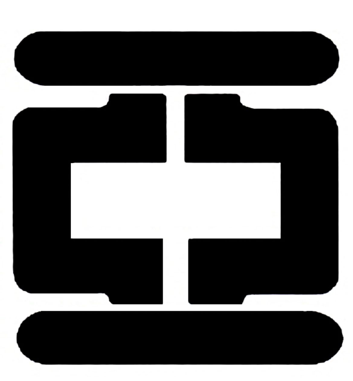 Black and white abstract geometric shape with rounded edges.