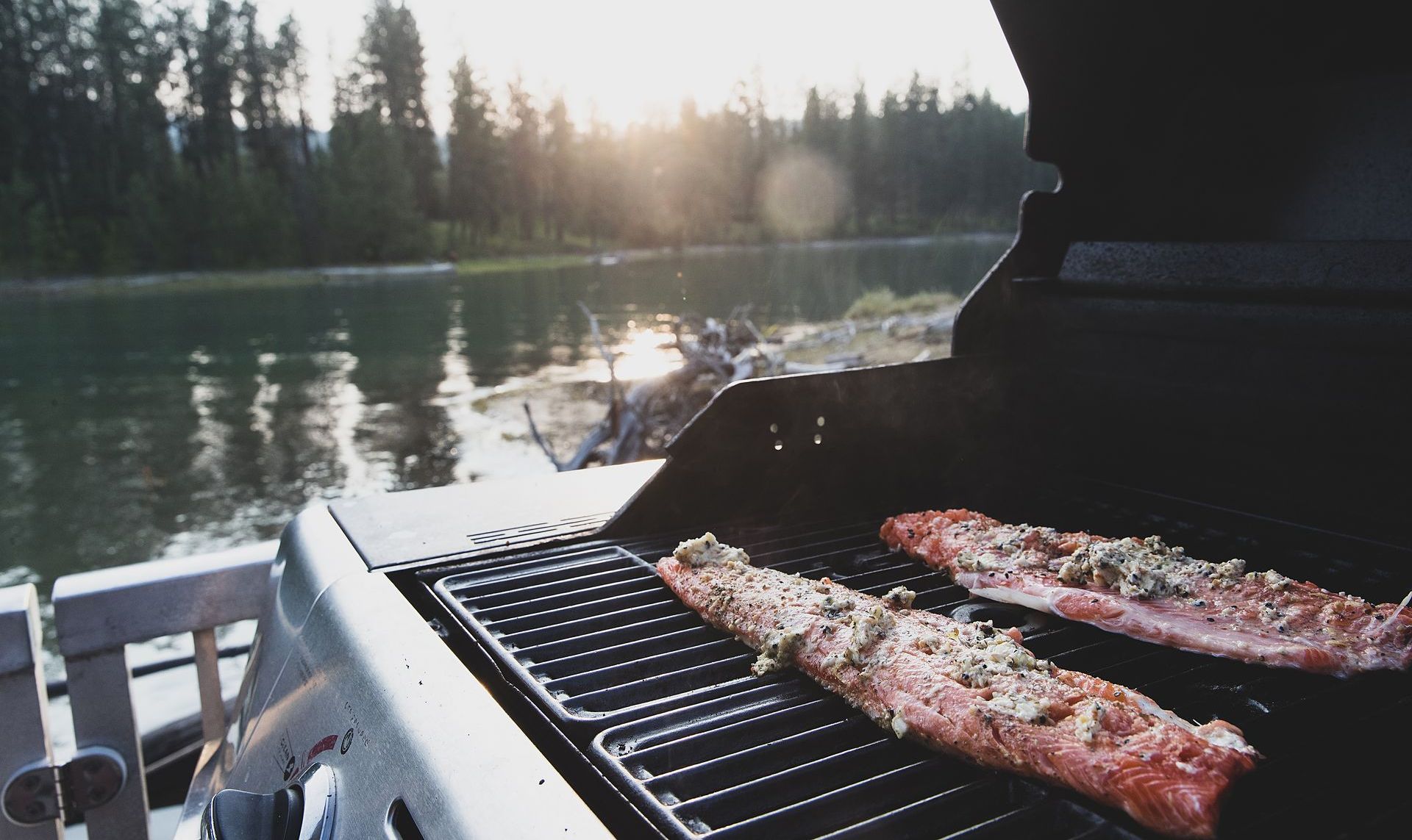 Two pieces of meat are cooking on a grill next to a lake.