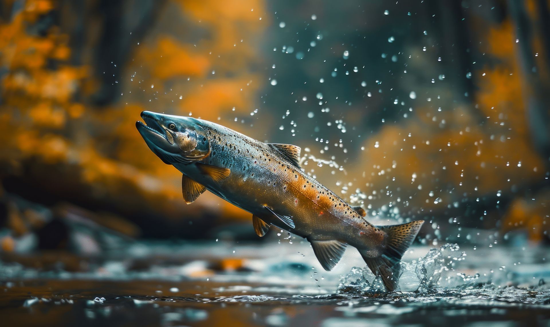 A brown trout is jumping out of the water.