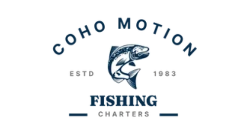 A logo for coho motion fishing charters with a fish on it