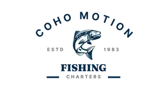 A logo for coho motion fishing charters with a fish on it