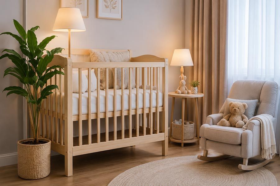 Habitación infantil de color rosa suave con cuna, mecedora, osito de peluche, cortinas y alfombra redonda junto a una ventana luminosa.