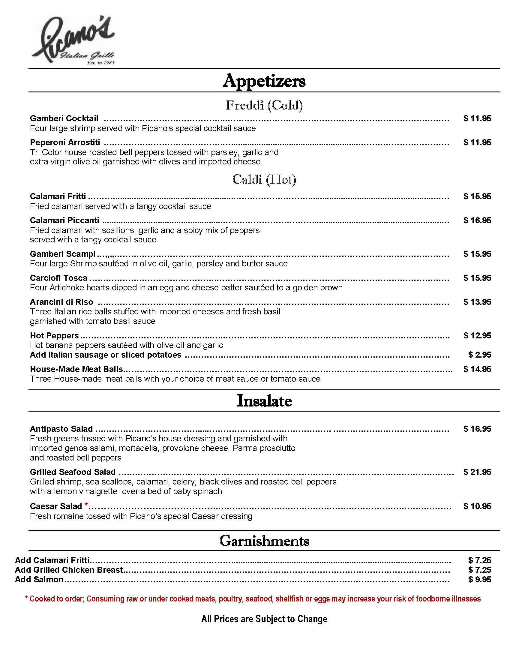 Scanned black-and-white menu page with sections for appetizers, salads, and sandwiches.