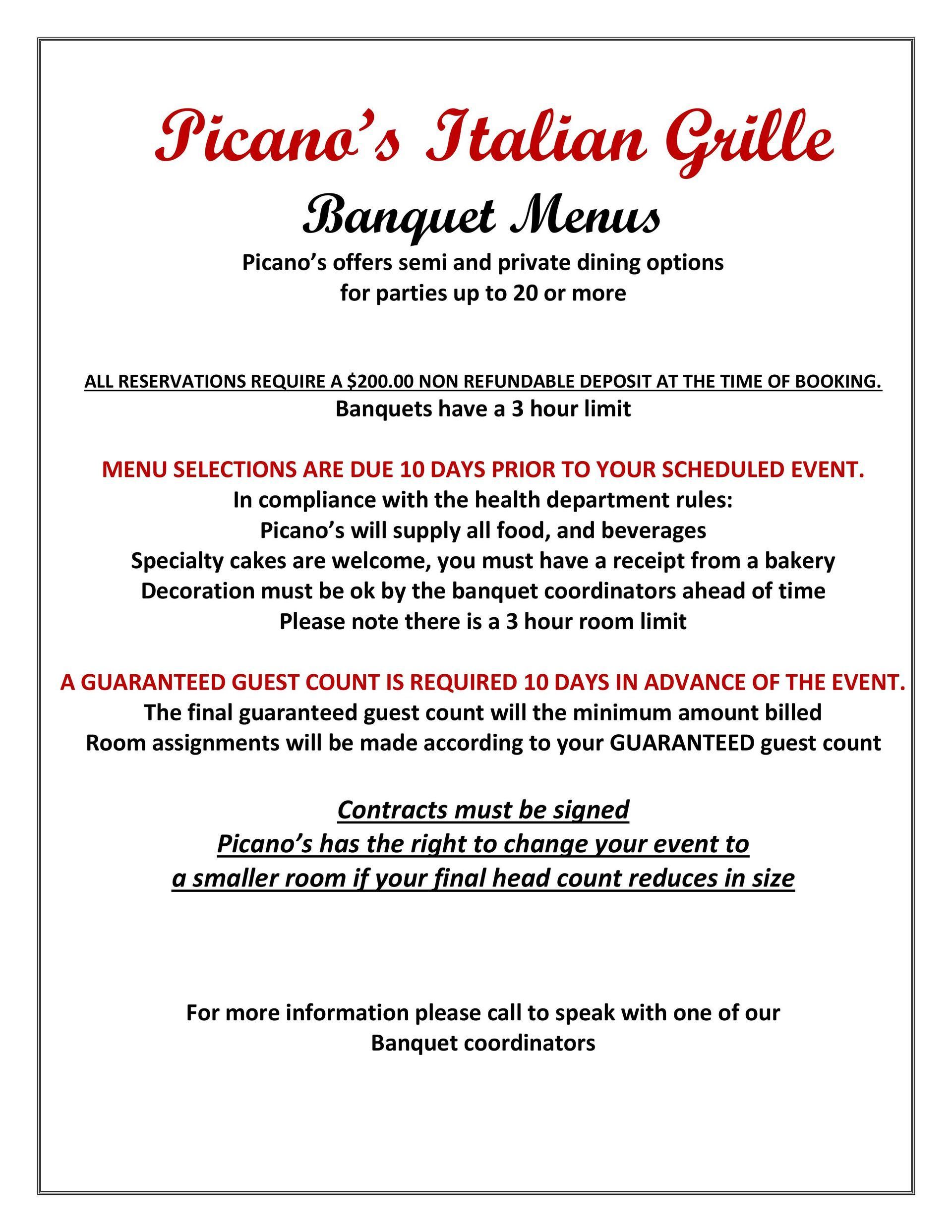 Picano’s Italian Grille banquet menu flyer with red and black text on a white background