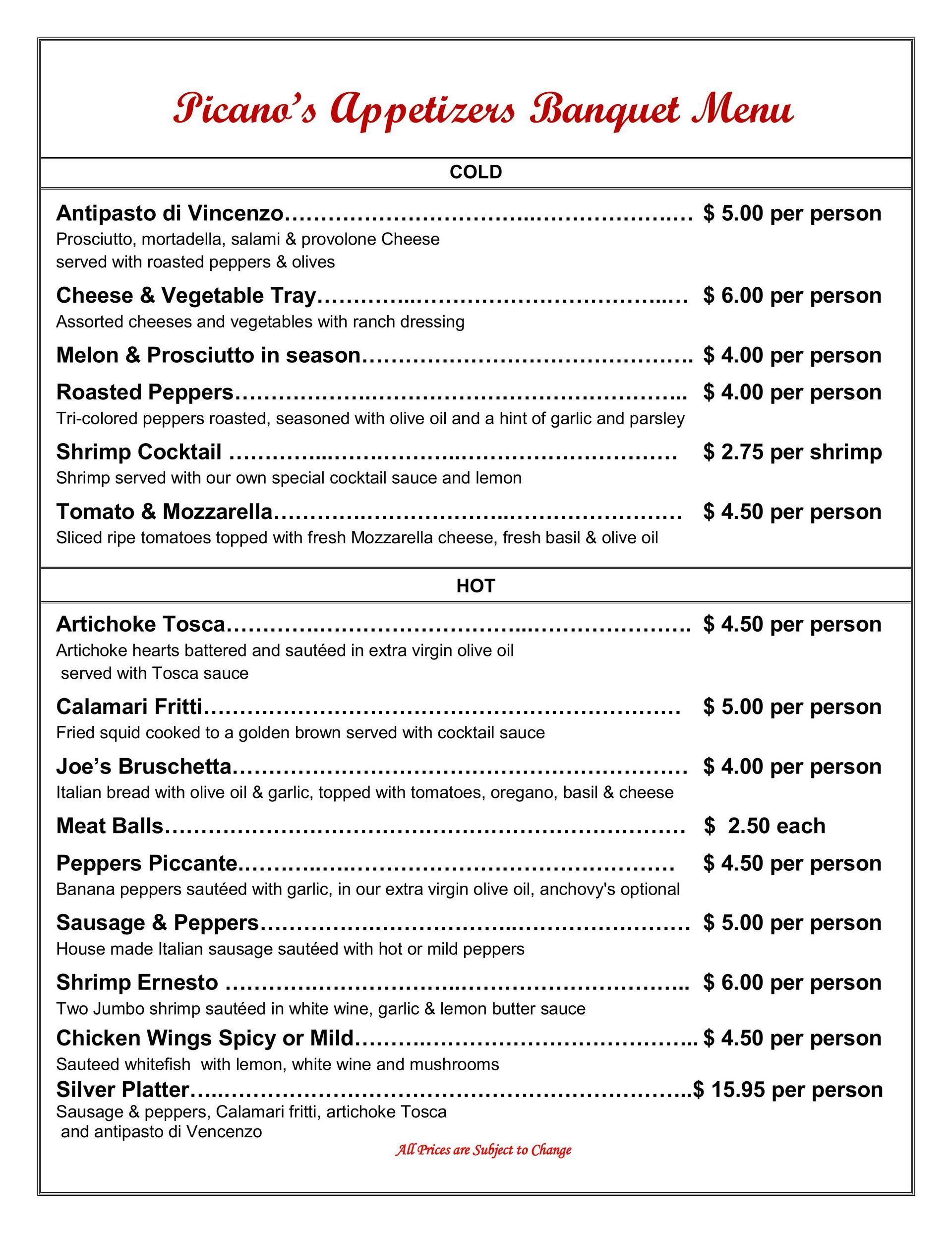 White catering menu titled “Picaro’s Appetites Banquet Menu” with appetizer, salad, and entrée prices.