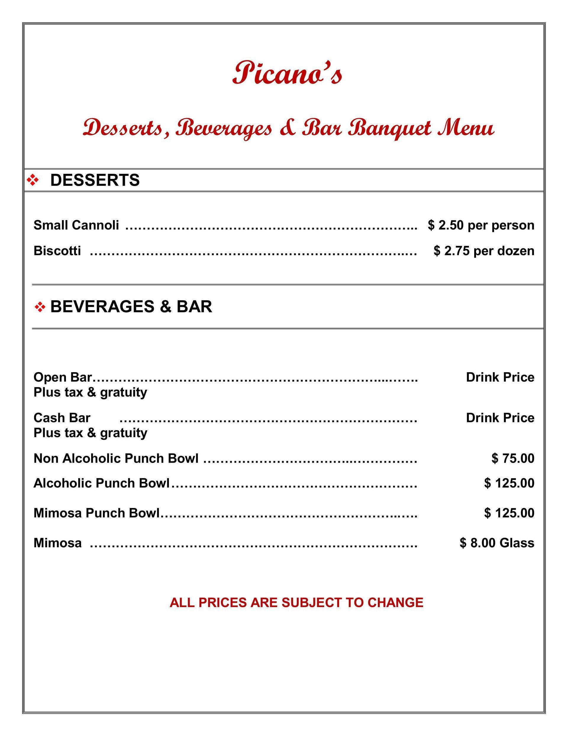Restaurant menu with appetizers and beverages/bar prices, titled “Picano’s” in red script.