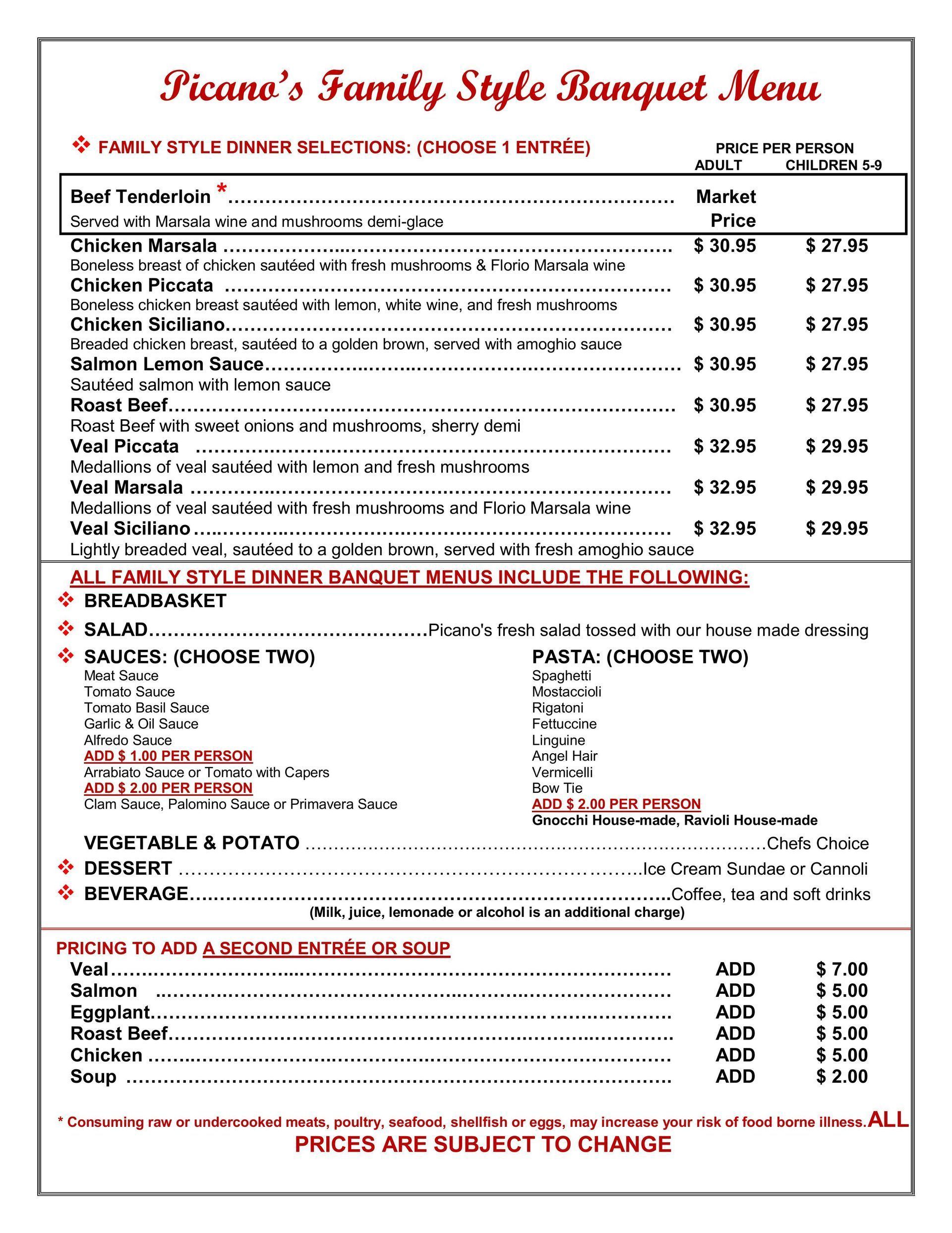 Restaurant menu page with red header, item list, prices, and customer choice sections.