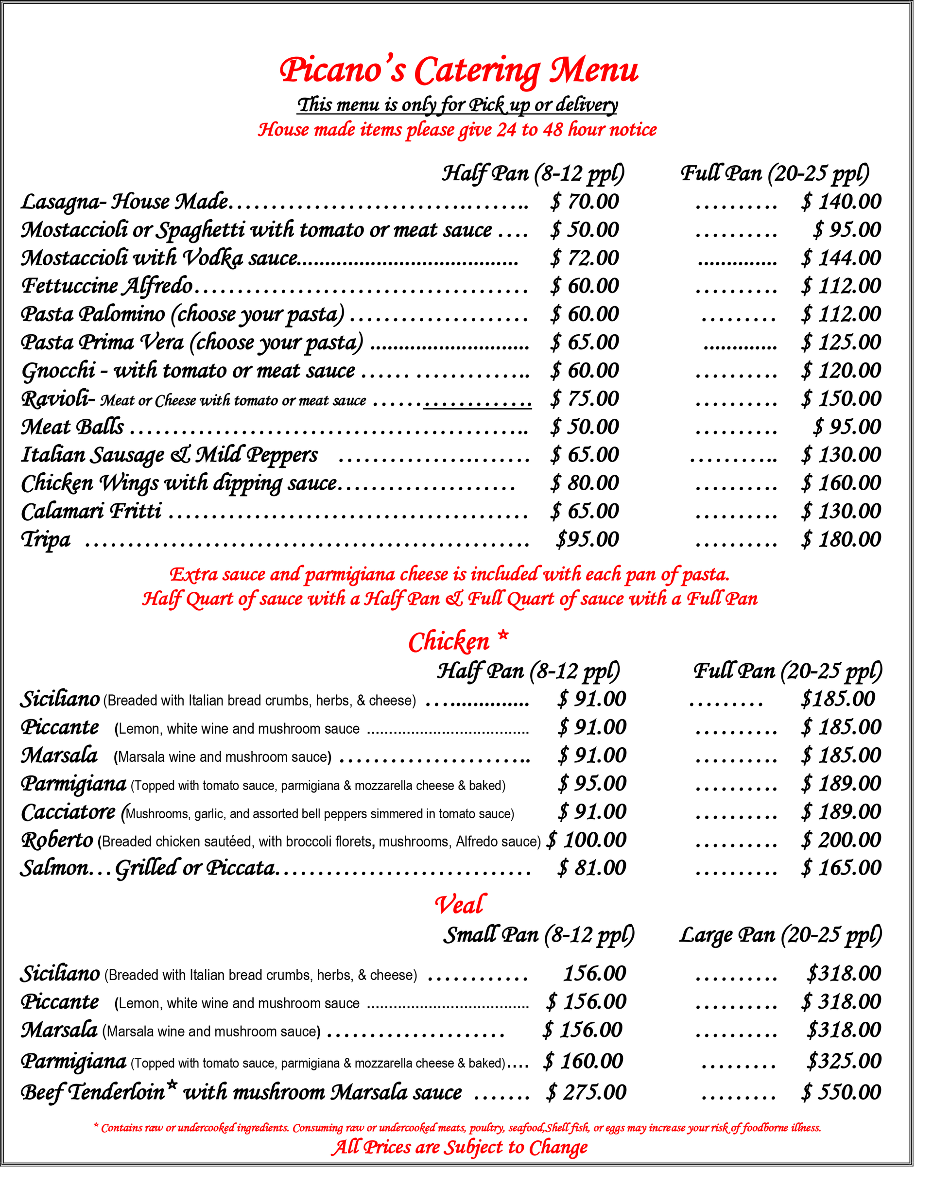 Restaurant catering menu with red headings, black text, and a list of food items and prices.