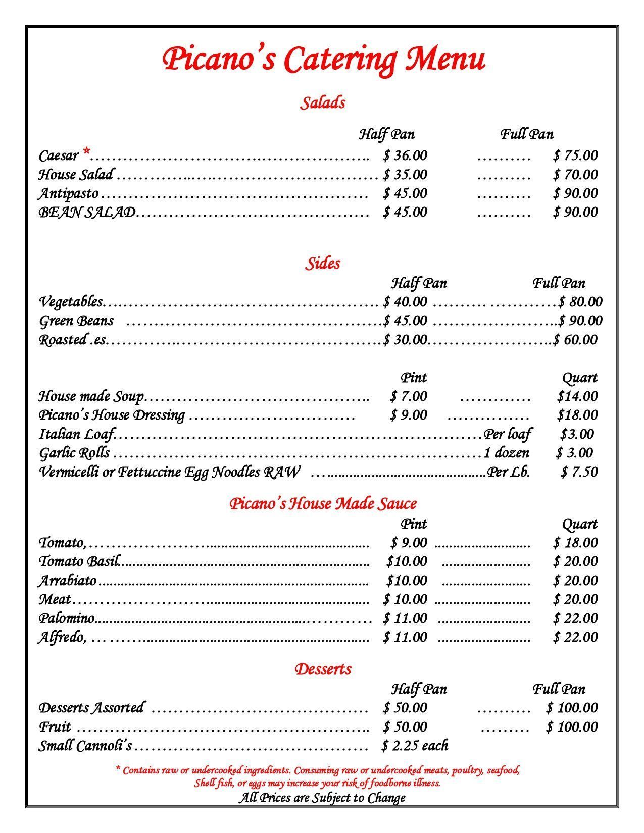 Picano’s Catering Menu on a white page with red title and black item listings, organized by sections and prices