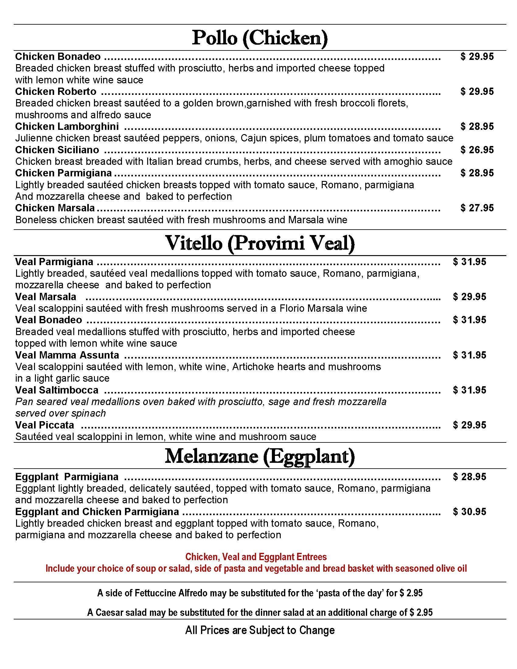 Restaurant menu with sections for pollo, table, and mariscos dishes and prices