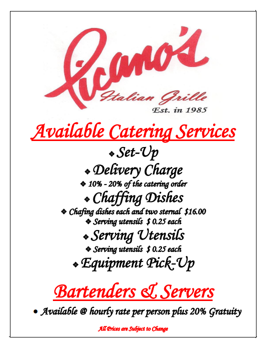 Red-and-white flyer for Pano’s Italian Grill catering services, listing setup, dishes, utensils, and bartender/server options