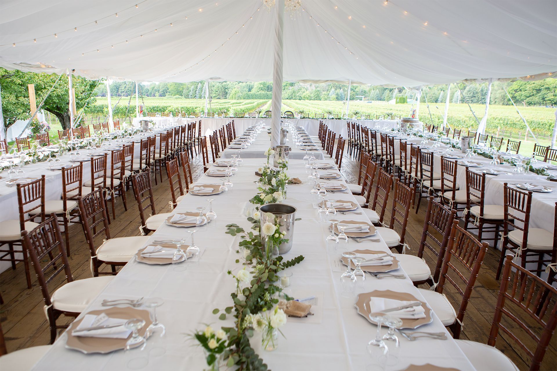 Long banquet table under a white tent, set with plates, napkins, and greenery for an outdoor event.