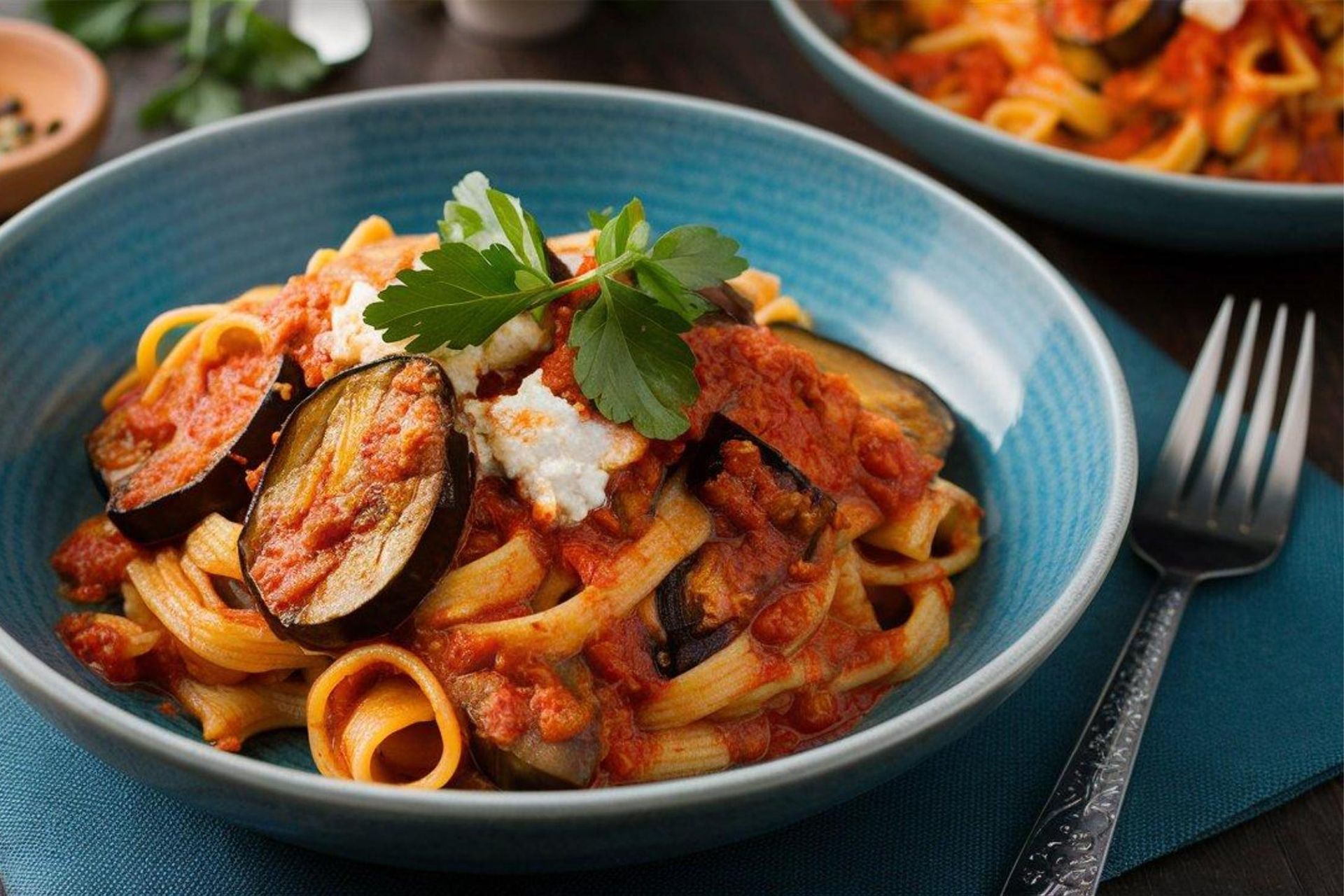Pasta in a blue bowl with tomato sauce, basil, and grilled eggplant slices, with a fork beside it. Pasta in a blue bowl with tomato sauce, basil, and grilled eggplant slices, with a fork beside it.