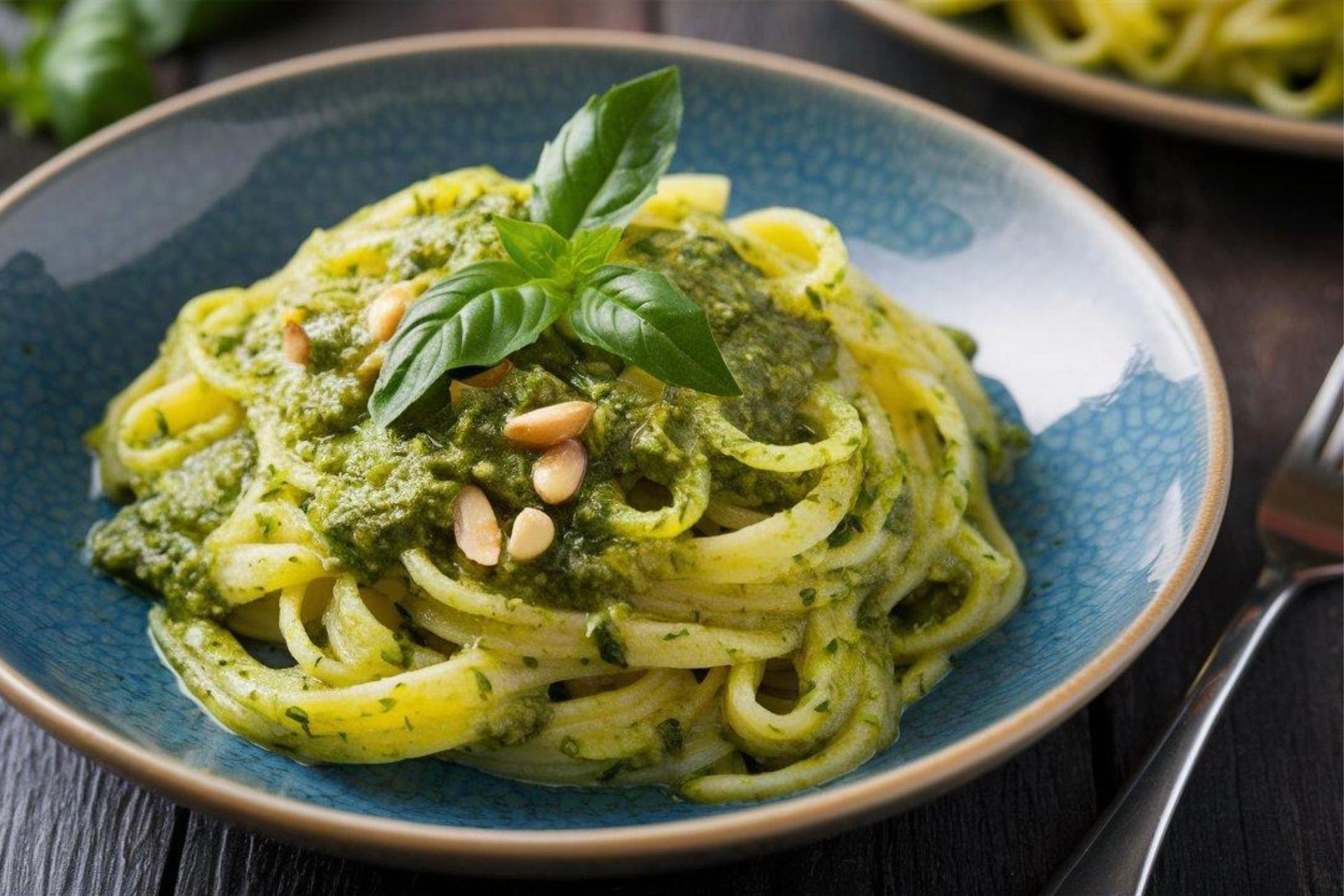 Pesto pasta topped with pine nuts and basil on a blue plate. Pesto pasta topped with pine nuts and basil on a blue plate.