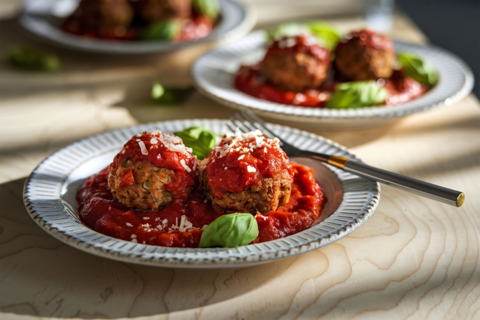 Plate of spaghetti and meatballs with tomato sauce and basil on a table.