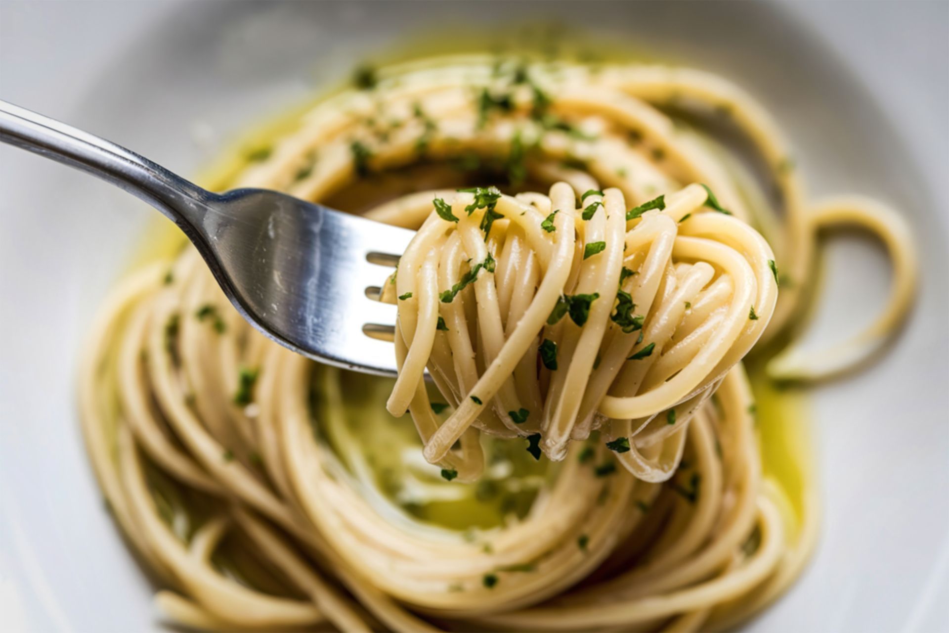Fork twirling spaghetti with herbs and olive oil on a white plate.