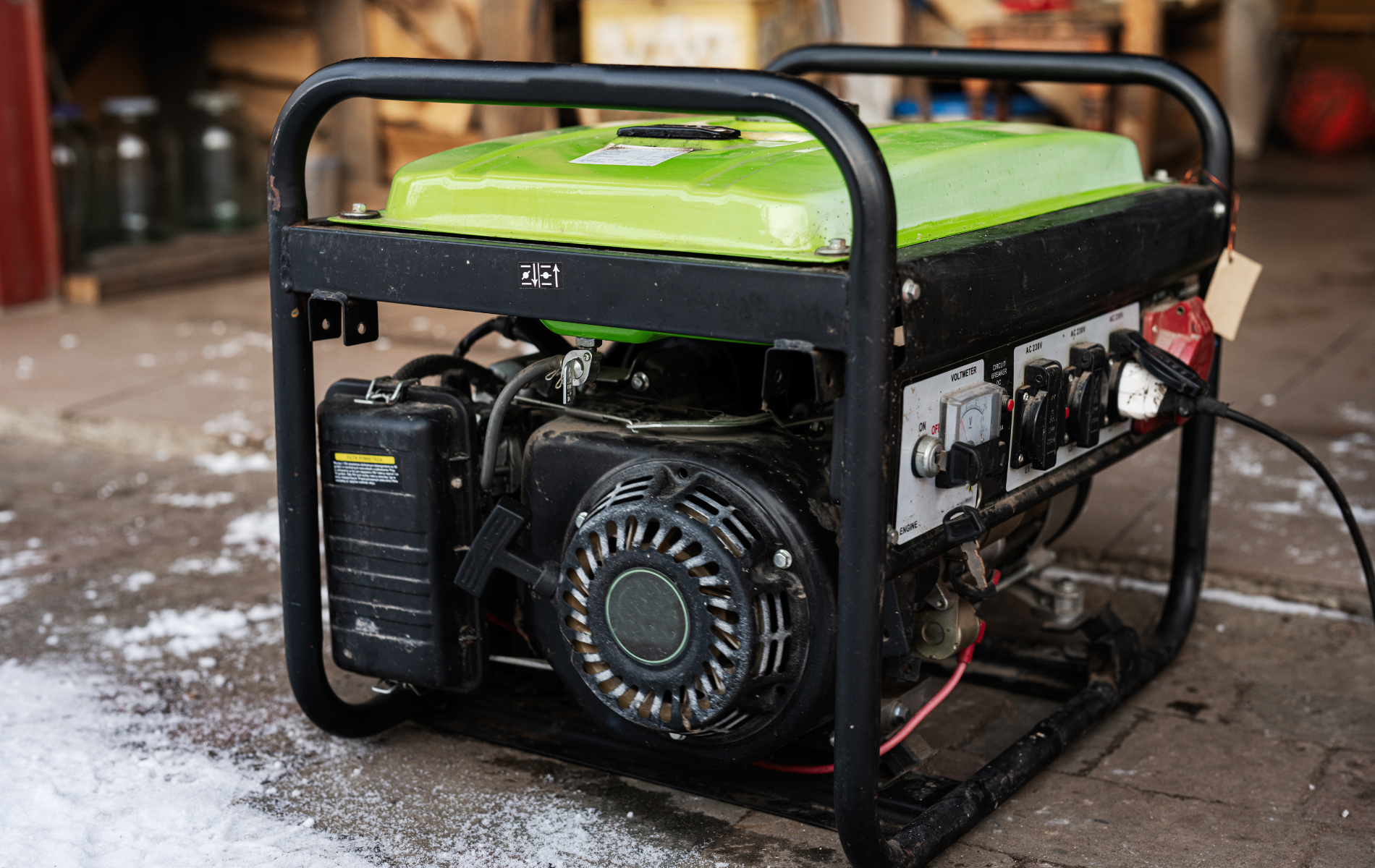 Green and black portable generator on a concrete surface; a power source for electricity.