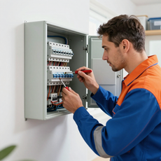 Electrician inspecting wiring in an open circuit breaker panel with a screwdriver
