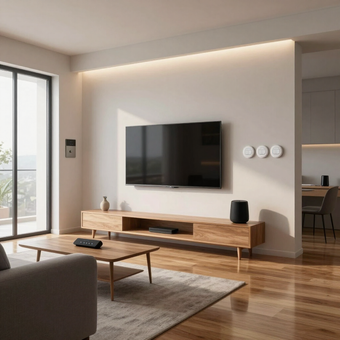 Modern living room with wall-mounted TV, wooden console, coffee table, sofa, and soft natural light