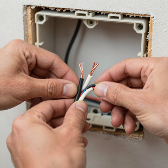 Hands wiring a white electrical box with exposed colored cables in a wall opening