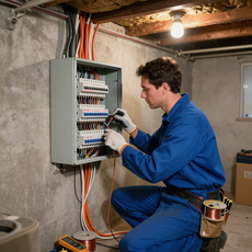 Electrician in blue coveralls wiring an open electrical panel in a basement.