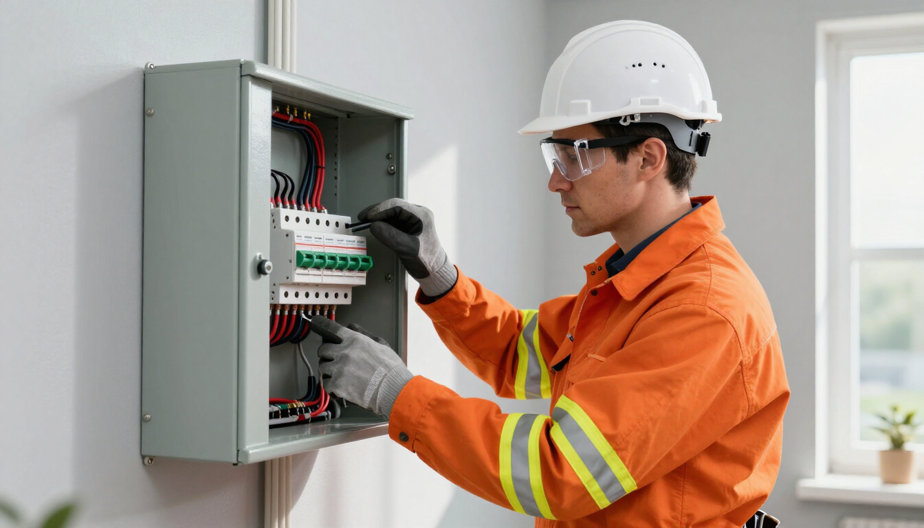 NEC 2023 compliant electrician inspecting a safe residential electrical panel