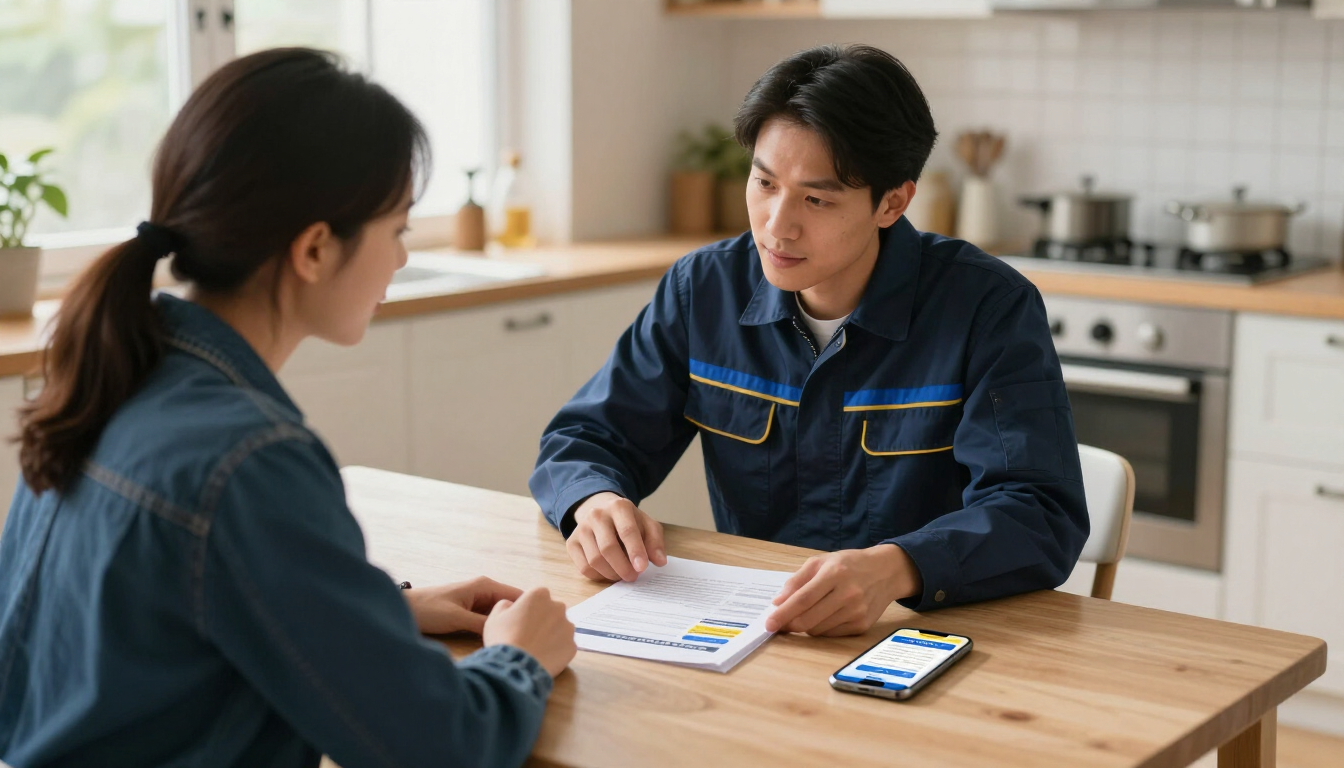 Photorealistic homeowner receiving a referral reward explanation from a professional electrician