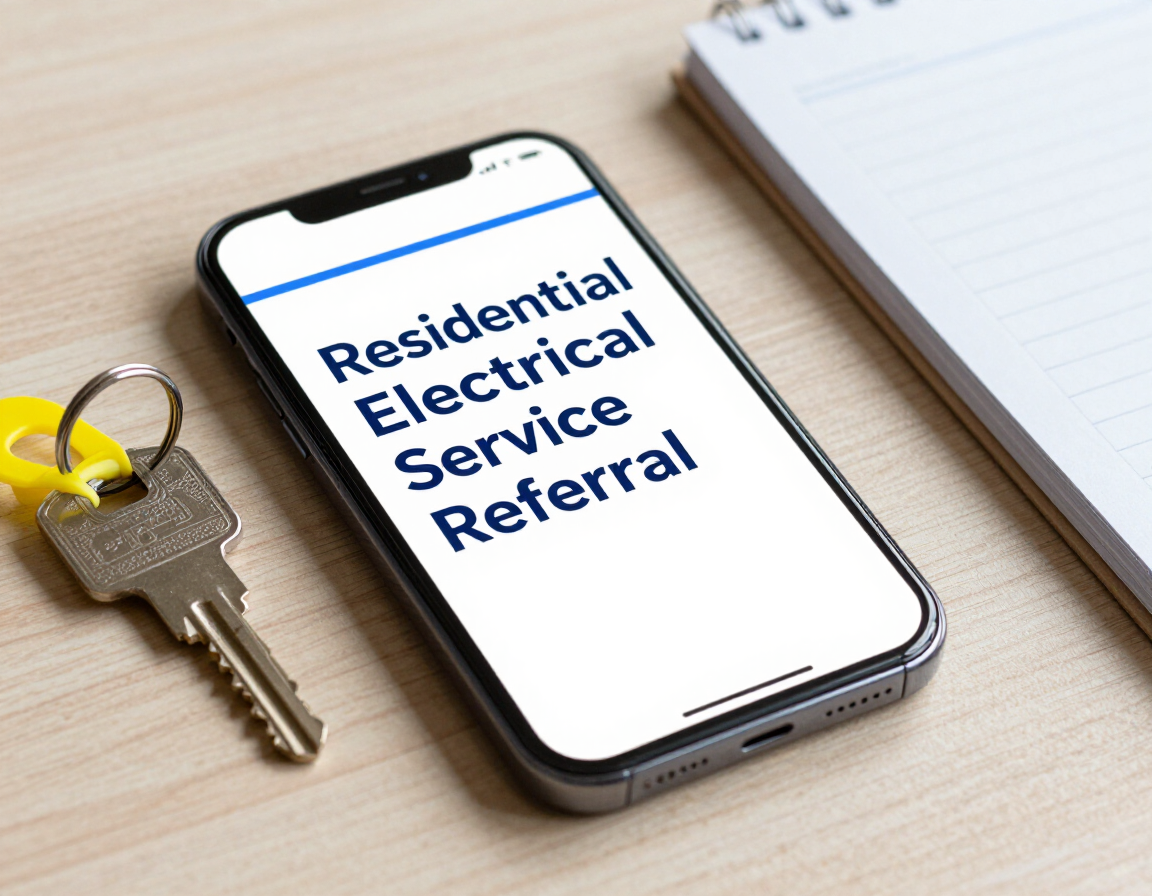 Photorealistic smartphone showing a residential electrical service referral message beside a house key and notepad