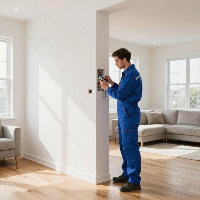Technician in blue coveralls adjusting a wall control in a bright living room