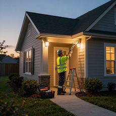 Worker on a ladder painting house trim at dusk, with warm porch lights illuminating the front entrance.